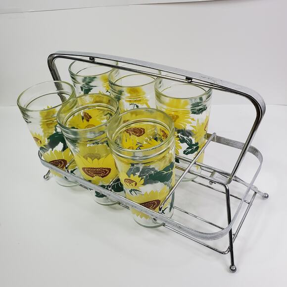 Vintage Anchor Hocking Six Sunflower Tumbler Glasses Jelly Jar Style With Rack - Picture 8 of 8